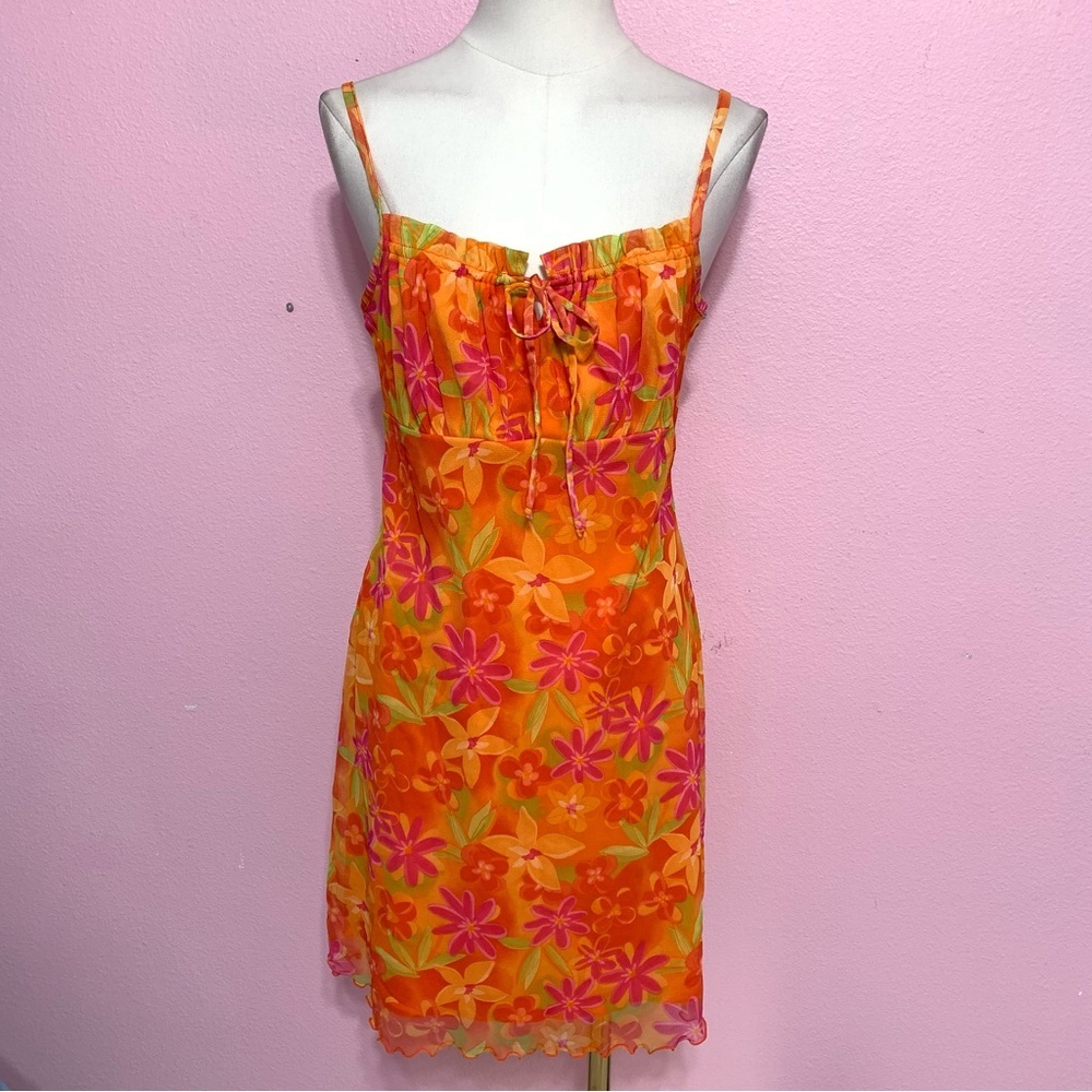 VTG 90’s Retro Floral Orange and Pink Mini Dress M/L - Picture 2 of 7